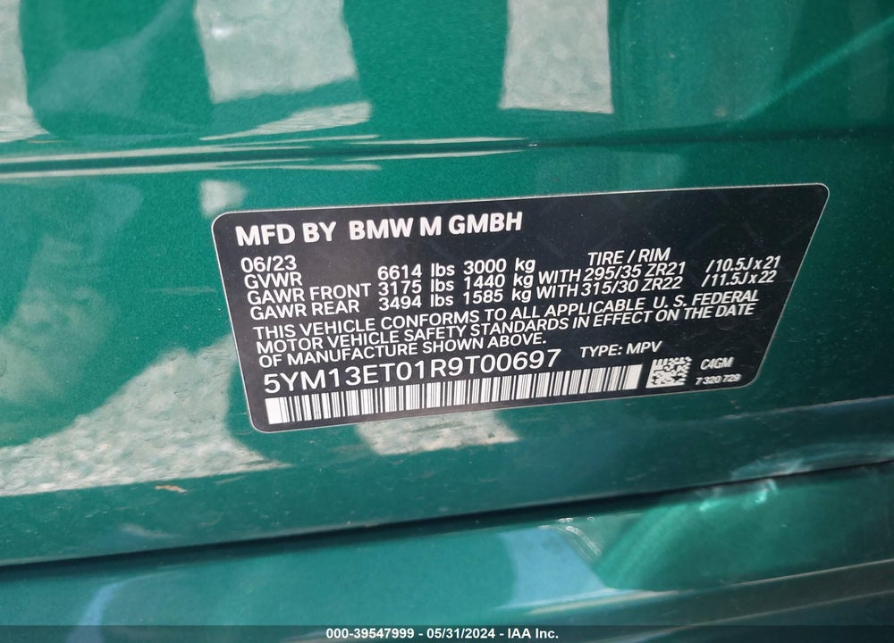 2024 BMW X5 M VIN: 5YM13ET01R9T00697