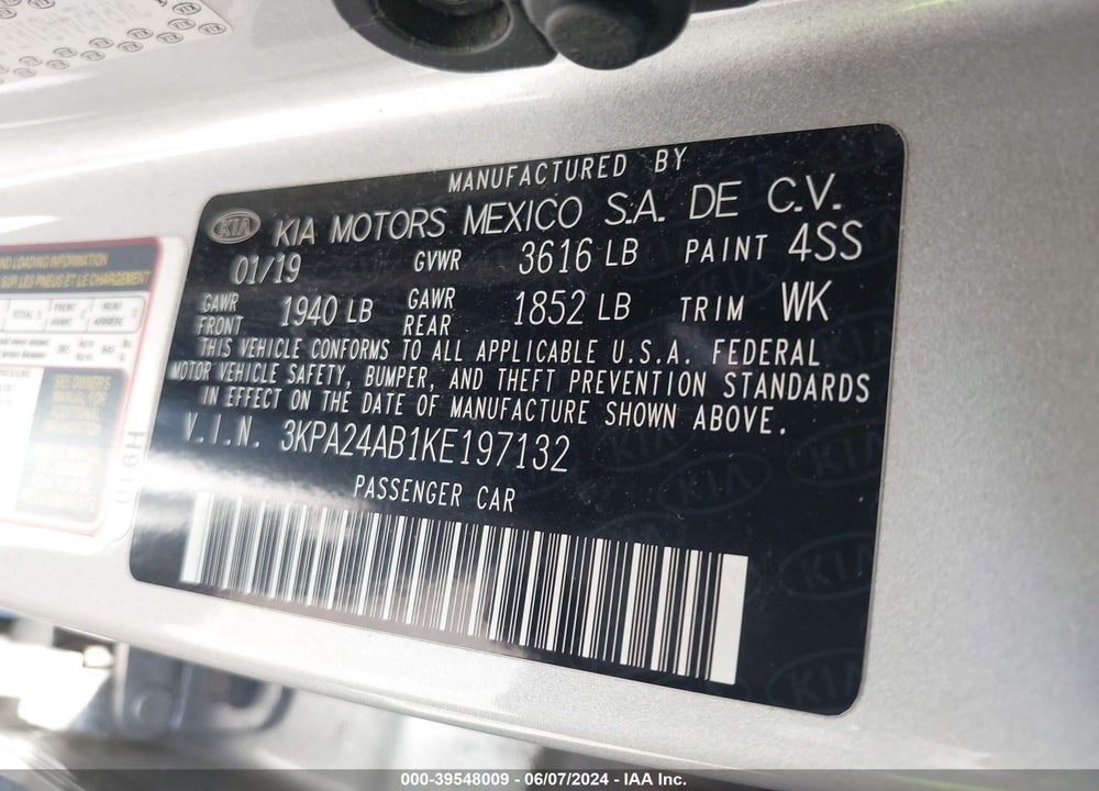 2019 KIA RIO S VIN: 3KPA24AB1KE197132