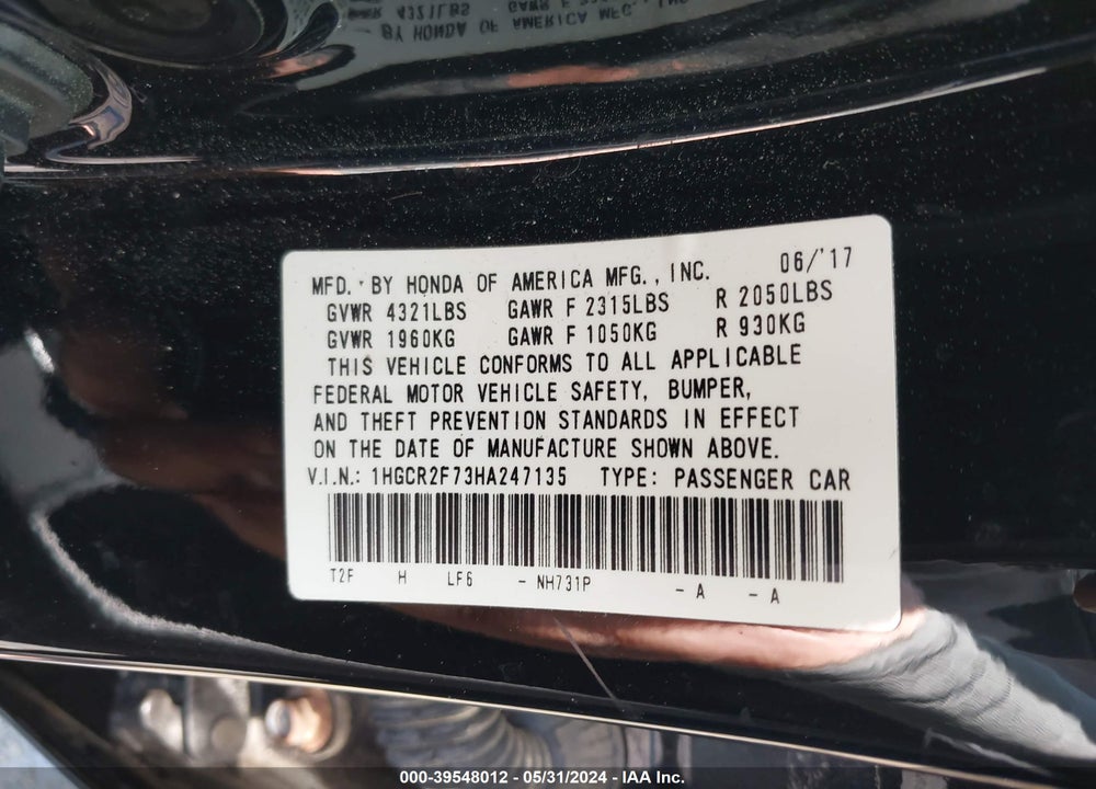 2017 HONDA ACCORD EX VIN: 1HGCR2F73HA247135