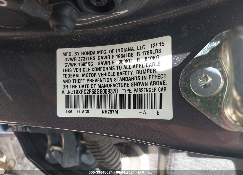 2016 HONDA CIVIC LX VIN: 19XFC2F58GE009370