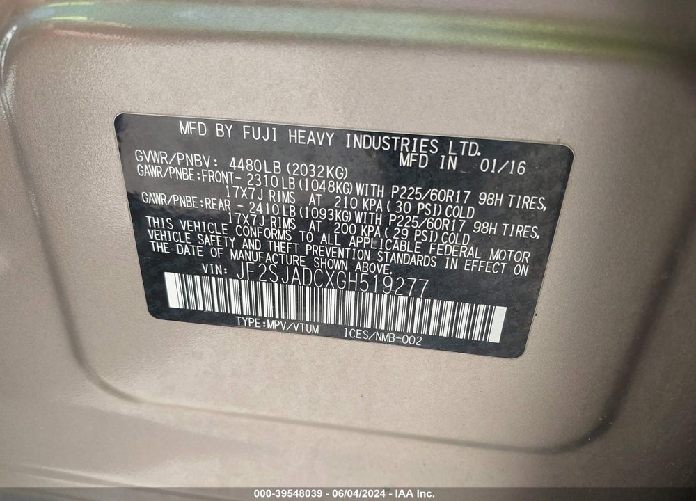 2016 SUBARU FORESTER 2.5I PREMIUM VIN: JF2SJADCXGH519277
