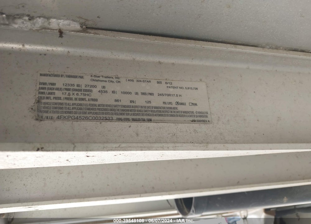 2012 TRAILER 4 STAR VIN: 4FKPG4526C0032533
