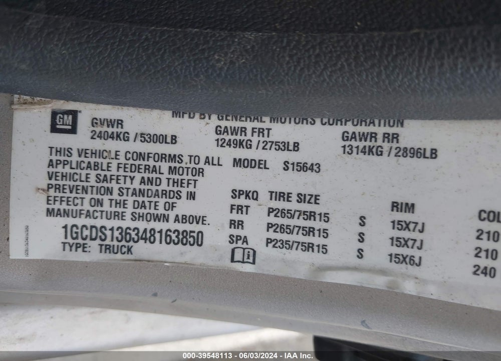 2004 CHEVROLET COLORADO LS VIN: 1GCDS136348163850