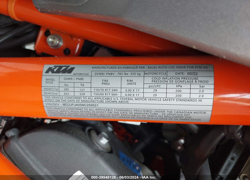 2022 KTM 390 DUKE VIN: MD2JPJ405NC259521