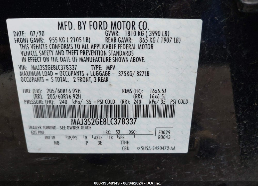 2020 FORD ECOSPORT SE VIN: MAJ3S2GE8LC378337