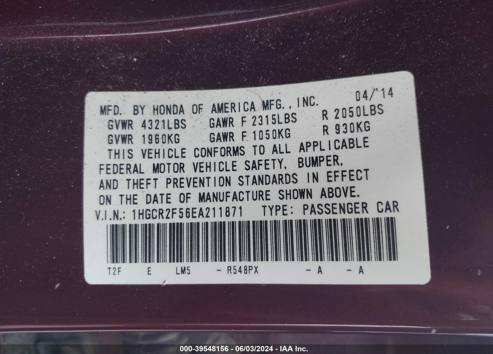 2014 HONDA ACCORD SPORT VIN: 1HGCR2F56EA211871