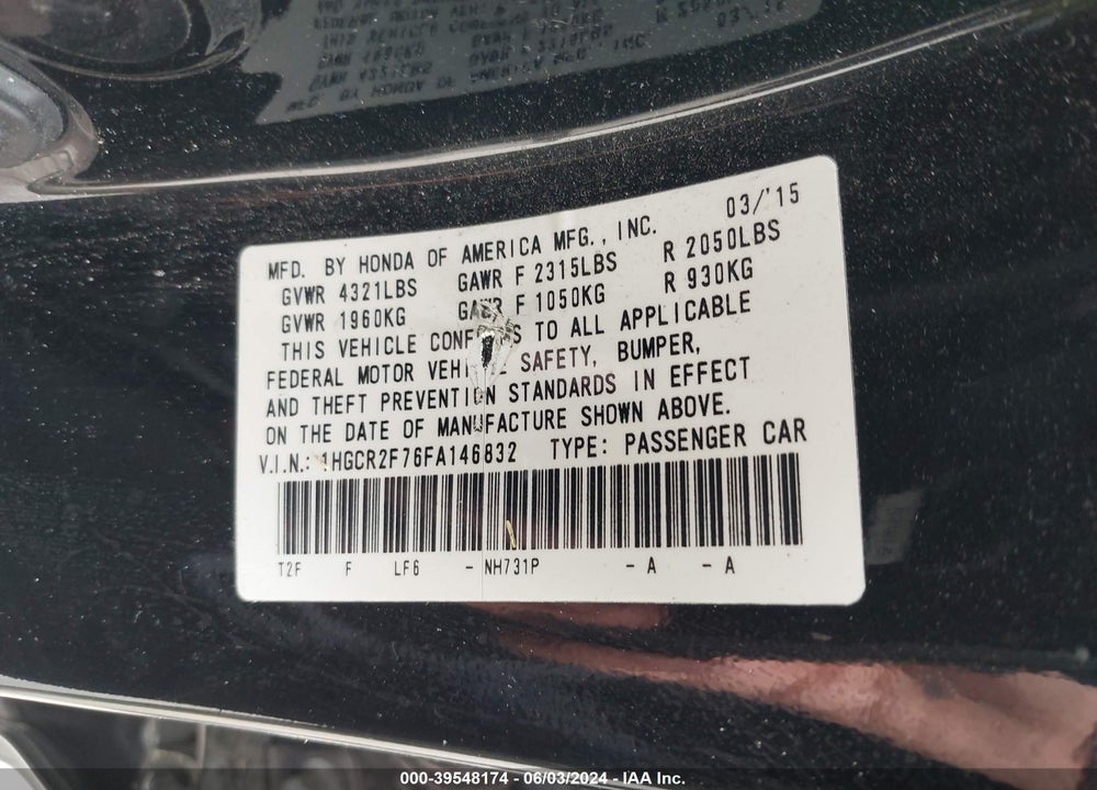 2015 HONDA ACCORD EX VIN: 1HGCR2F76FA146832