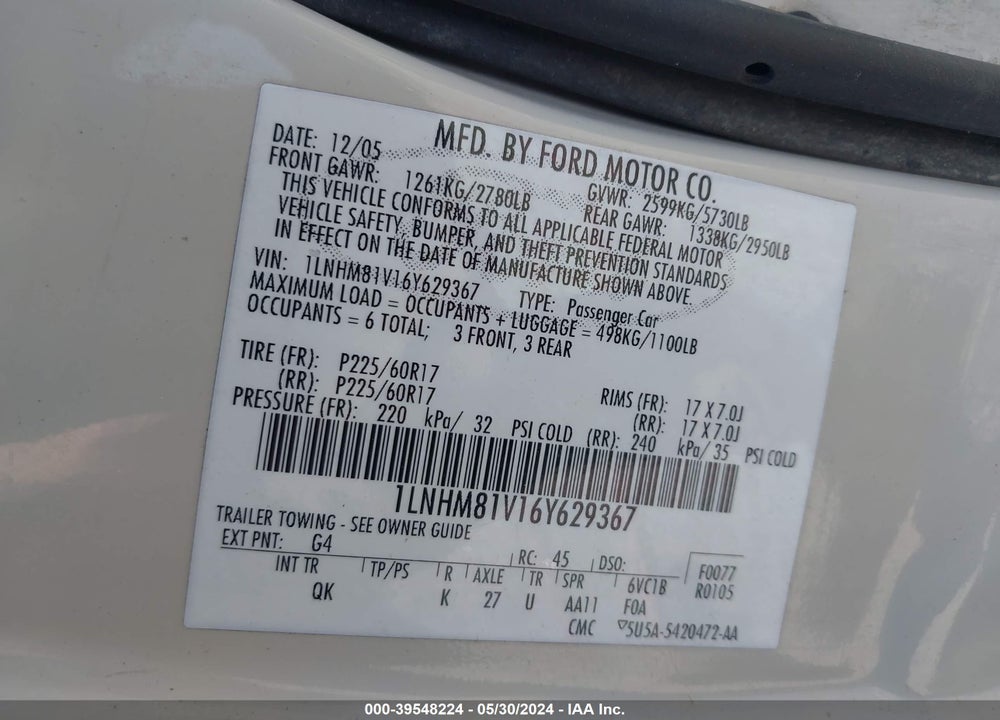 2006 LINCOLN TOWN CAR SIGNATURE VIN: 1LNHM81V16Y629367