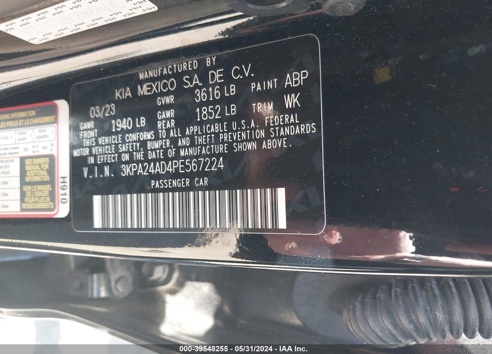 2023 KIA RIO S VIN: 3KPA24AD4PE567224