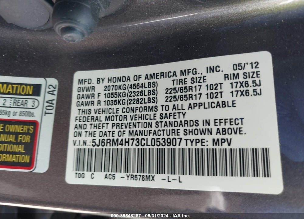 2012 HONDA CR-V EX-L VIN: 5J6RM4H73CL053907