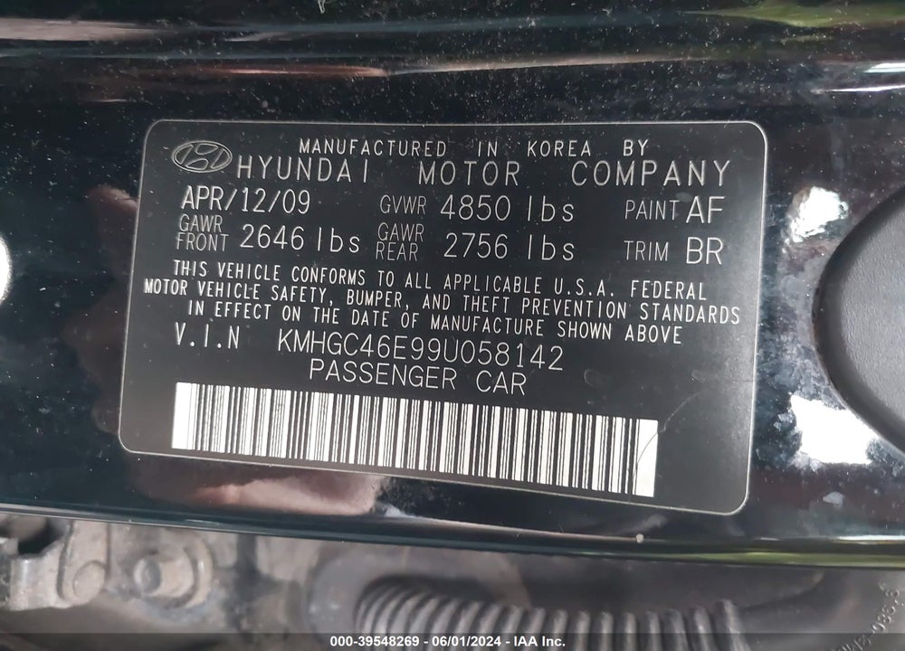 2009 HYUNDAI GENESIS 3.8 VIN: KMHGC46E99U058142