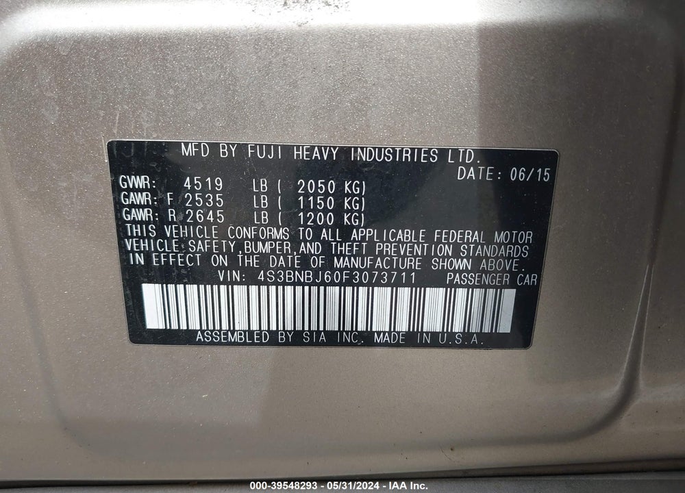 2015 SUBARU LEGACY 2.5I LIMITED VIN: 4S3BNBJ60F3073711