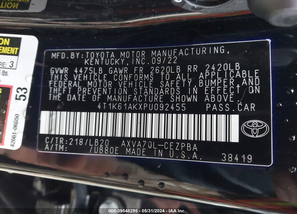 2023 TOYOTA CAMRY XSE VIN: 4T1K61AKXPU092455