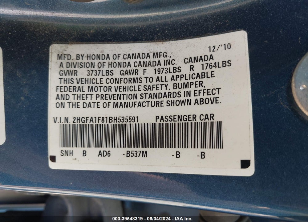 2011 HONDA CIVIC EX VIN: 2HGFA1F81BH535591