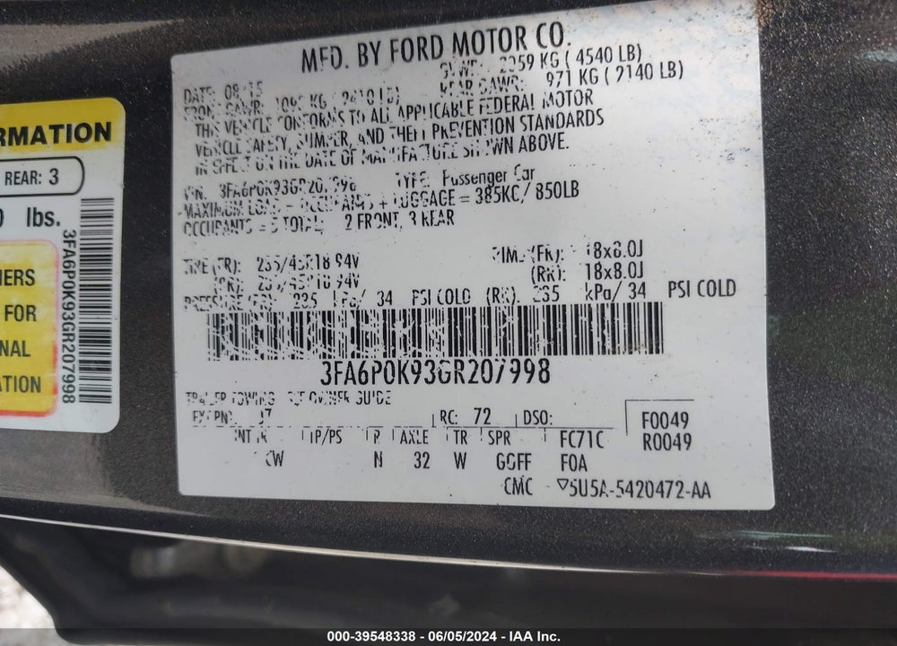 2016 FORD FUSION TITANIUM VIN: 3FA6P0K93GR207998