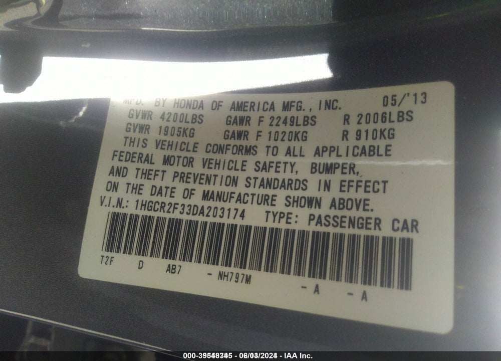 2013 HONDA ACCORD LX VIN: 1HGCR2F33DA203174