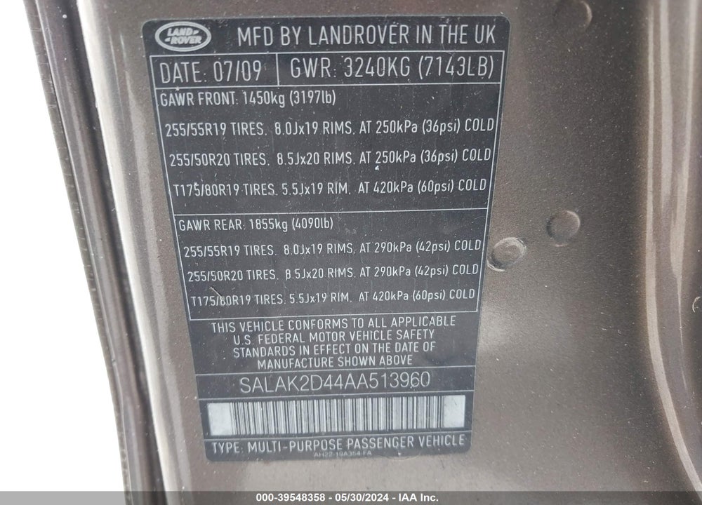 2010 LAND ROVER LR4 VIN: SALAK2D44AA513960