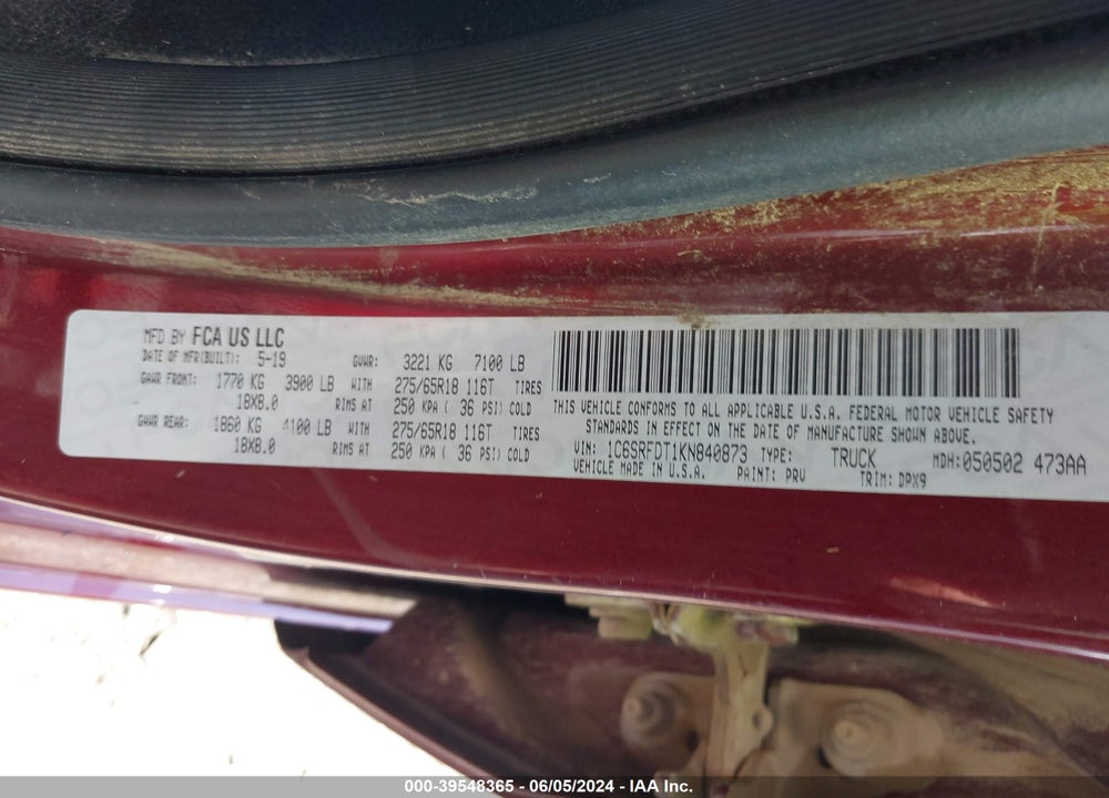 2019 RAM 1500 VIN: 1C6SRFDT1KN840873
