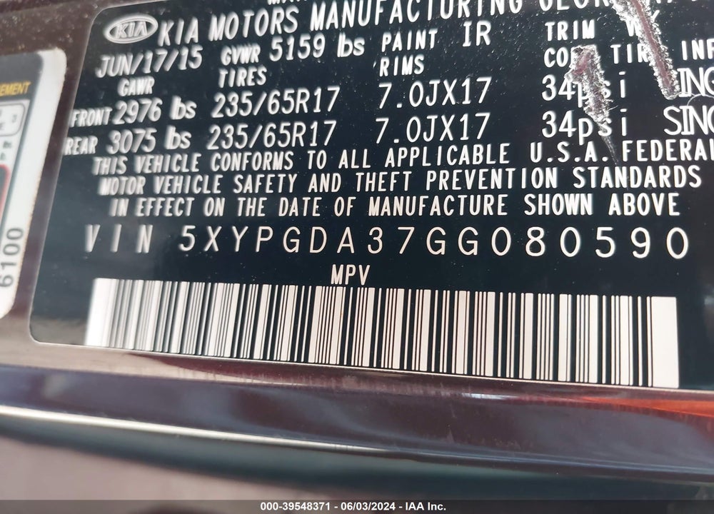 2016 KIA SORENTO 2.4L LX VIN: 5XYPGDA37GG080590
