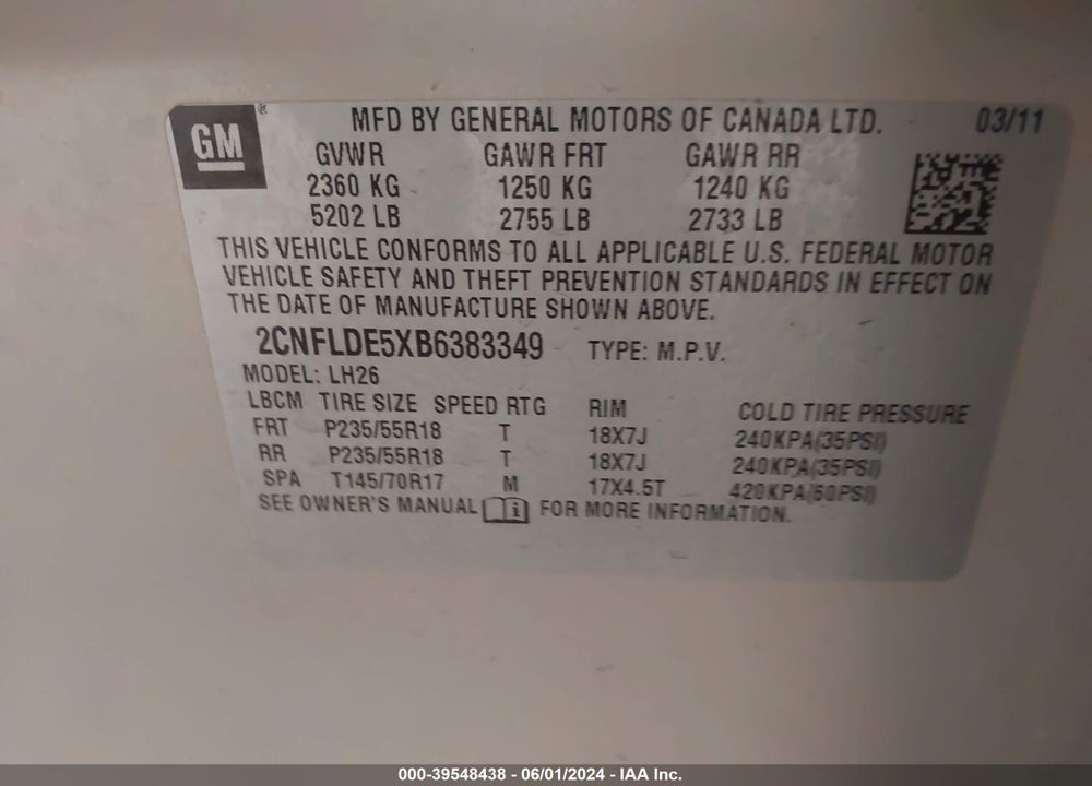 2011 CHEVROLET EQUINOX 1LT VIN: 2CNFLDE5XB6383349