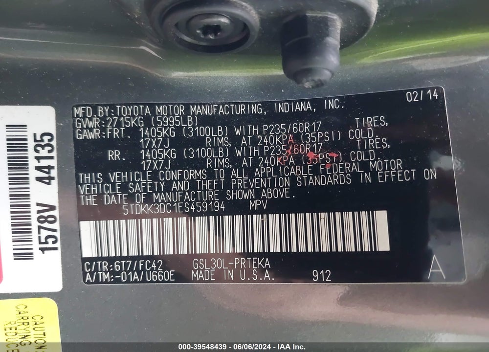 2014 TOYOTA SIENNA LE V6 8 PASSENGER VIN: 5TDKK3DC1ES459194
