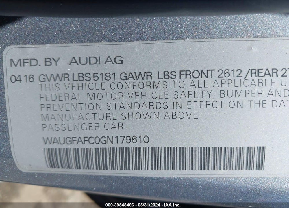 2016 AUDI A6 2.0T PREMIUM PLUS VIN: WAUGFAFC0GN179610