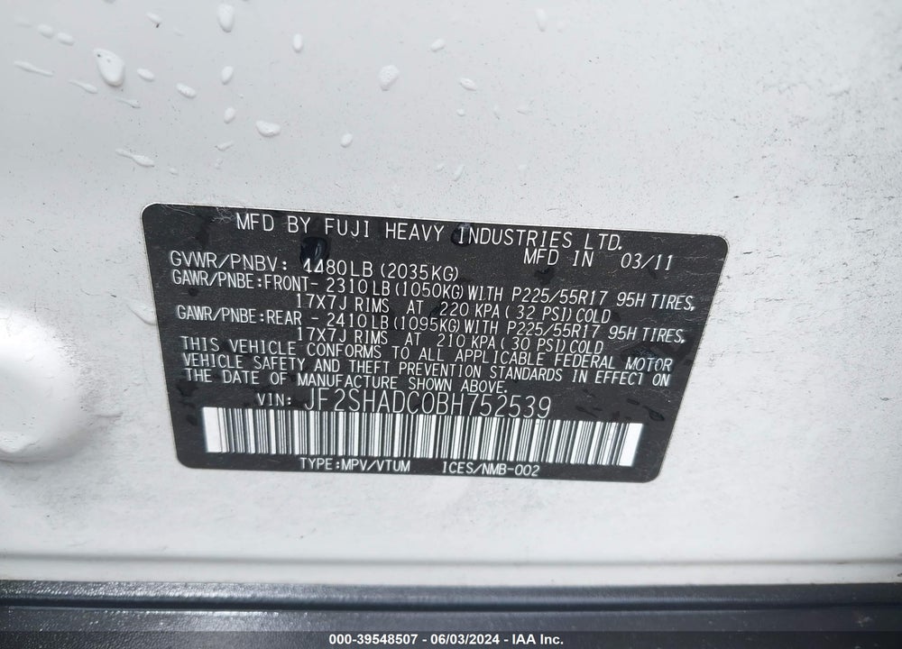 2011 SUBARU FORESTER 2.5X PREMIUM VIN: JF2SHADC0BH752539