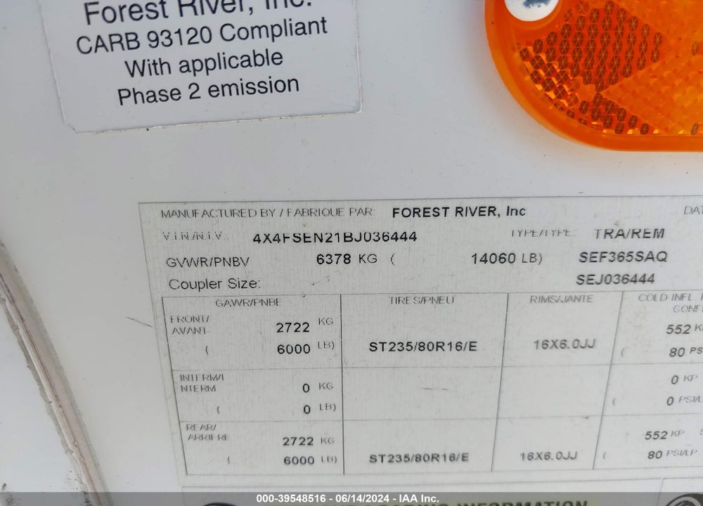 2011 FOREST RIVER TRAVEL TRAILER VIN: 4X4FSEN21BJ036444