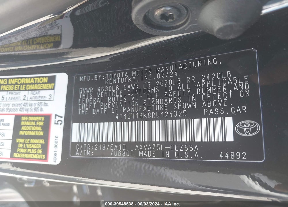 2024 TOYOTA CAMRY SE VIN: 4T1G11BK8RU124325