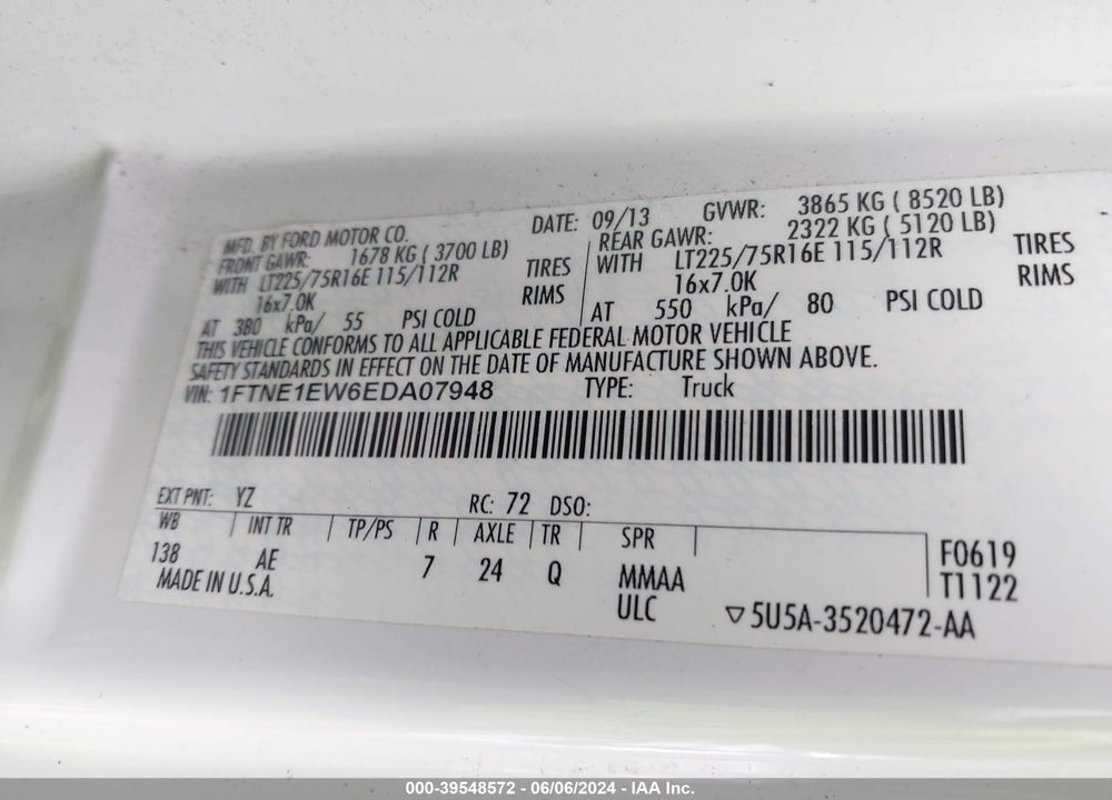 2014 FORD E-150 COMMERCIAL VIN: 1FTNE1EW6EDA07948