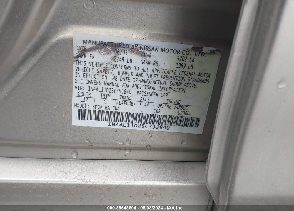 2005 NISSAN ALTIMA 2.5 S VIN: 1N4AL11D25C393840