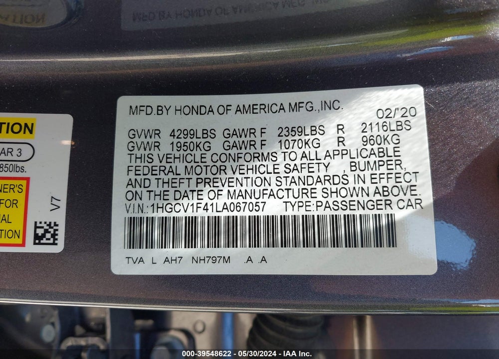 2020 HONDA ACCORD EX VIN: 1HGCV1F41LA067057