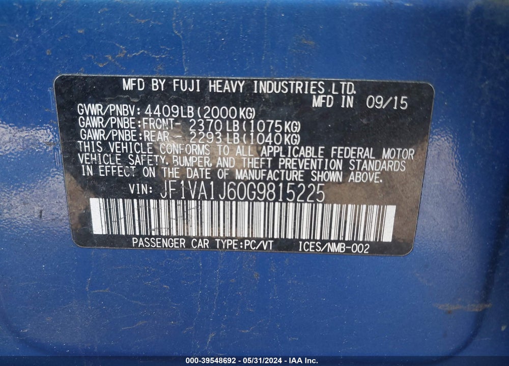 2016 SUBARU WRX LIMITED VIN: JF1VA1J60G9815225