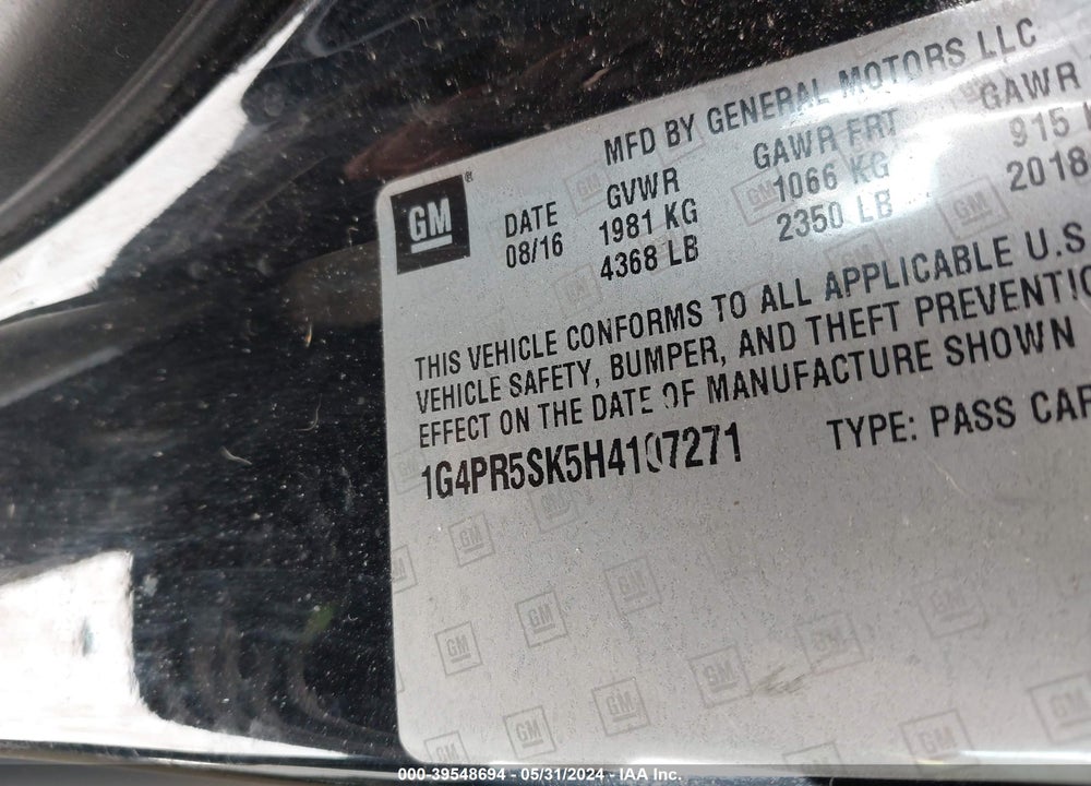 2017 BUICK VERANO SPORT TOURING VIN: 1G4PR5SK5H4107271