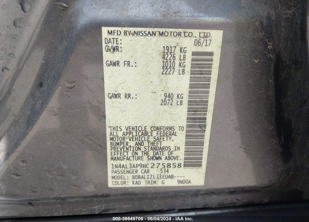 2017 NISSAN ALTIMA 2.5 SV VIN: 1N4AL3AP9HC275858
