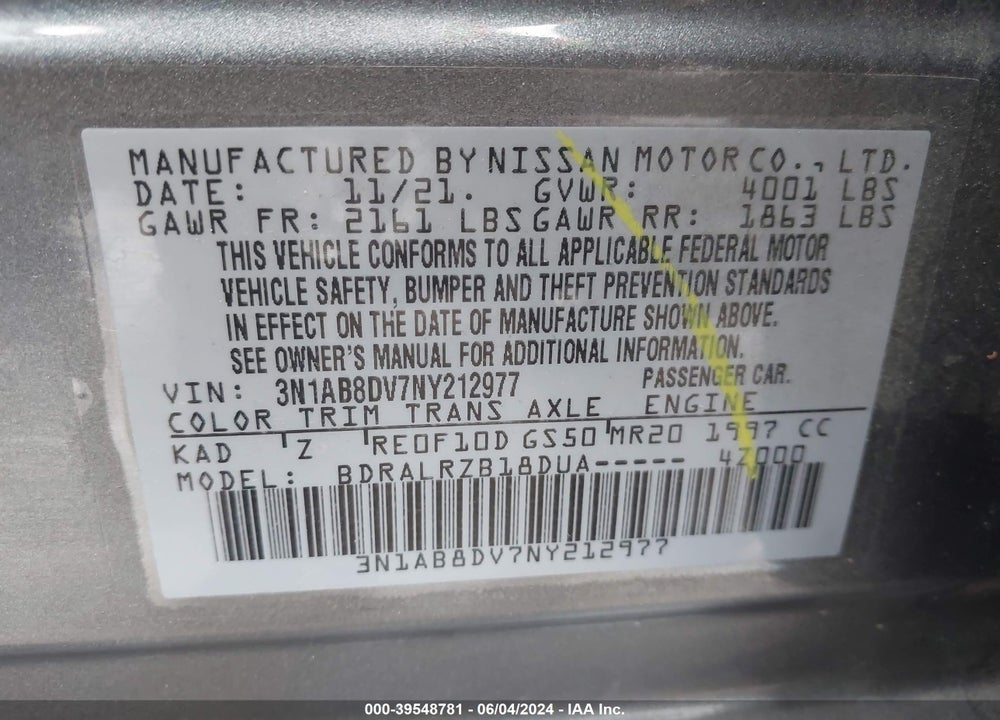 2022 NISSAN SENTRA SR XTRONIC CVT VIN: 3N1AB8DV7NY212977