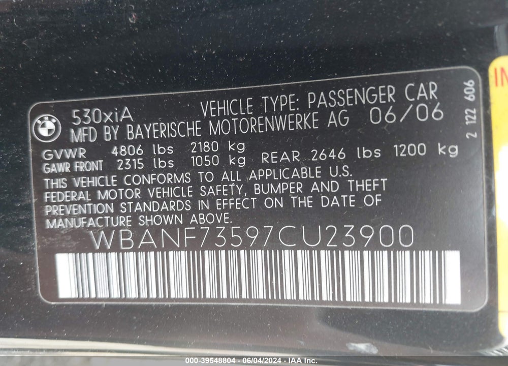 2007 BMW 530XI VIN: WBANF73597CU23900