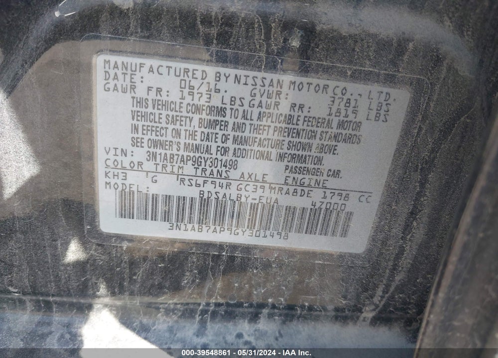 2016 NISSAN SENTRA S VIN: 3N1AB7AP9GY301498