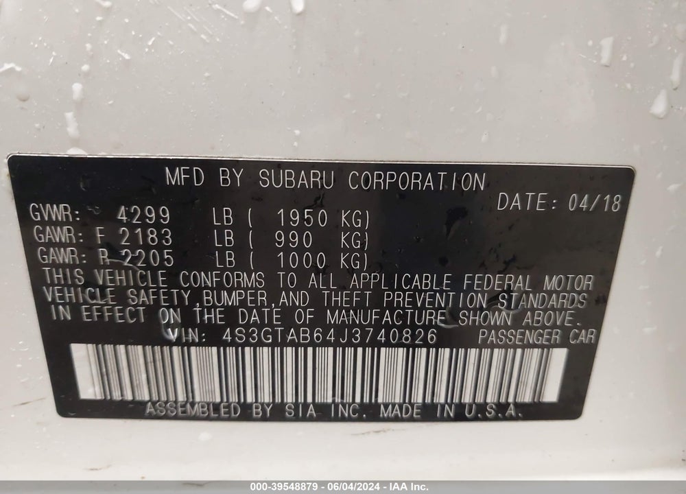 2018 SUBARU IMPREZA 2.0I PREMIUM VIN: 4S3GTAB64J3740826
