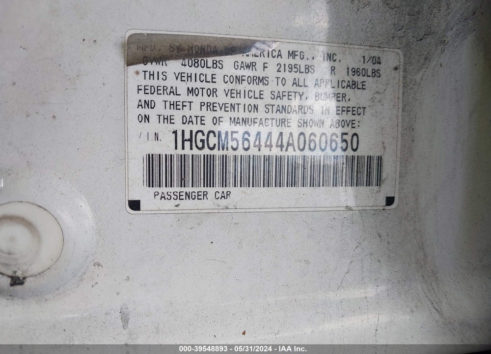 2004 HONDA ACCORD 2.4 LX VIN: 1HGCM56444A060650