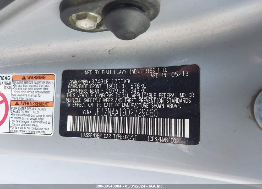 2013 SCION FR-S 10 SERIES VIN: JF1ZNAA19D2729460