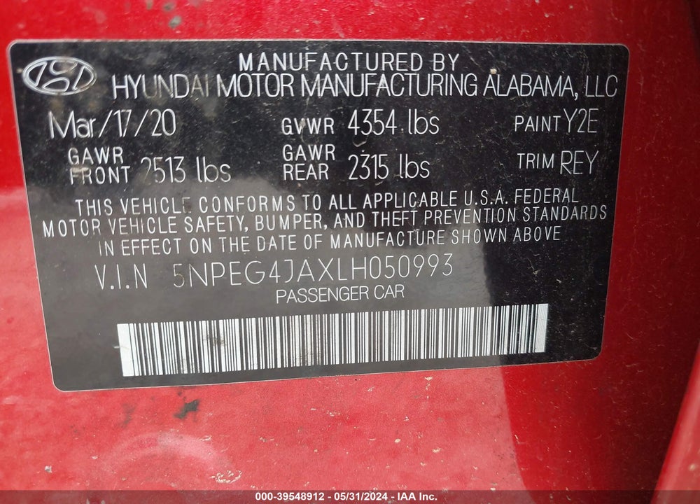 2020 HYUNDAI SONATA SE VIN: 5NPEG4JAXLH050993