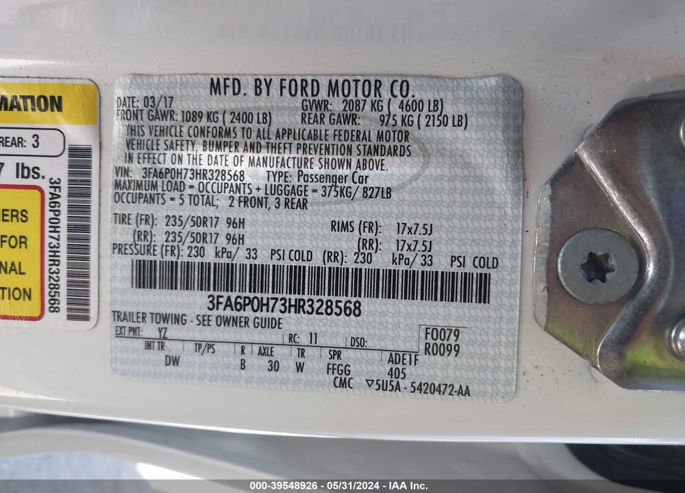 2017 FORD FUSION SE VIN: 3FA6P0H73HR328568