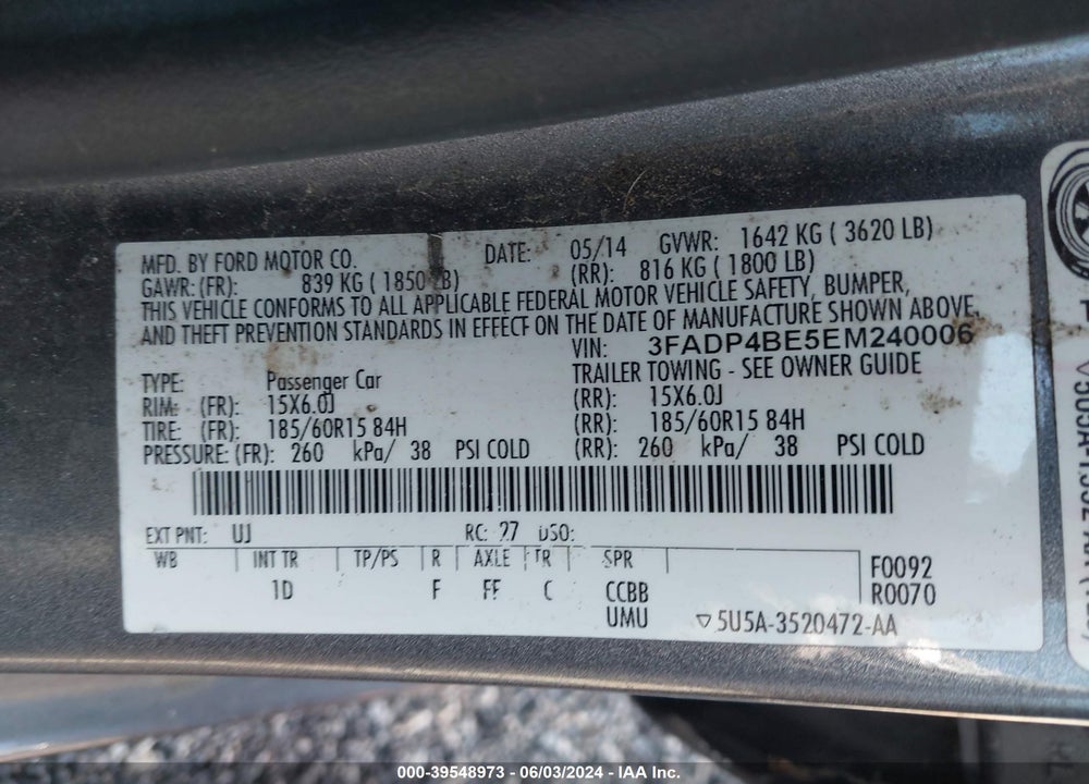 2014 FORD FIESTA SE VIN: 3FADP4BE5EM240006