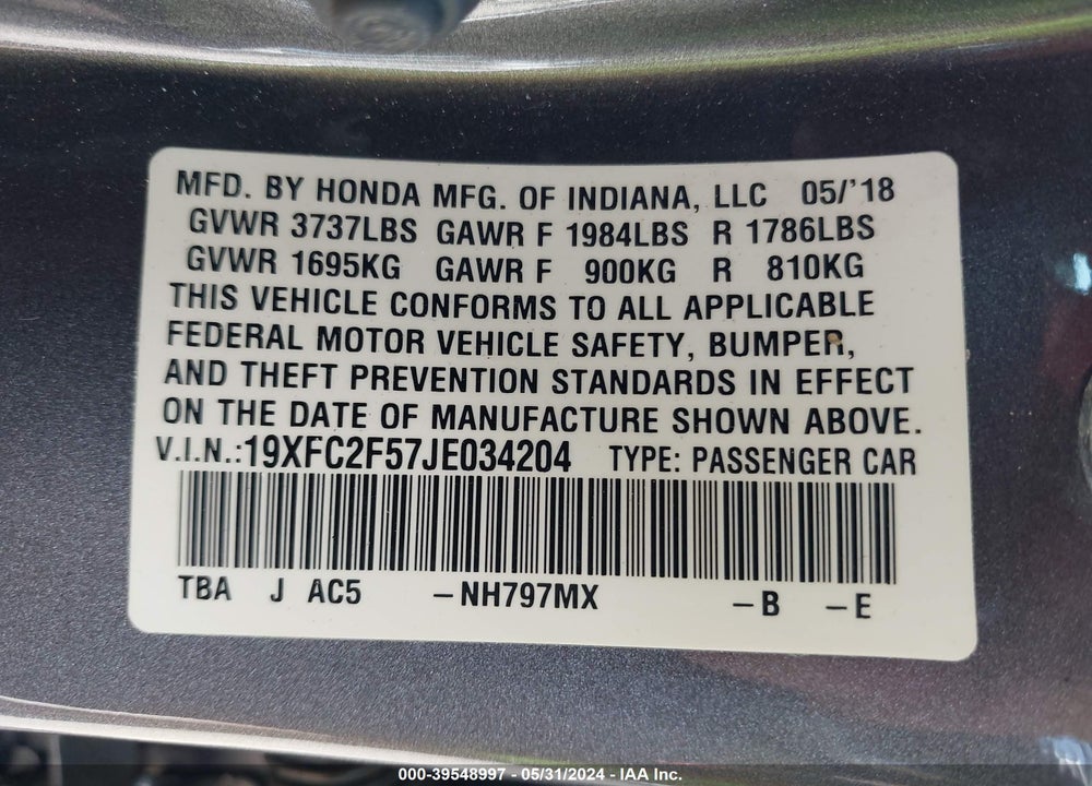 2018 HONDA CIVIC LX VIN: 19XFC2F57JE034204