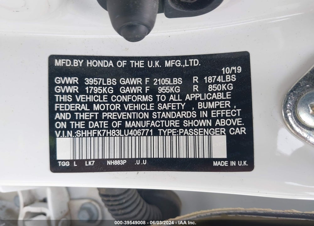 2020 HONDA CIVIC EX-L VIN: SHHFK7H83LU406771