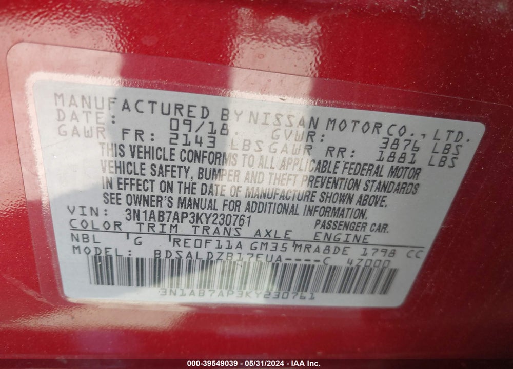 2019 NISSAN SENTRA SV VIN: 3N1AB7AP3KY230761
