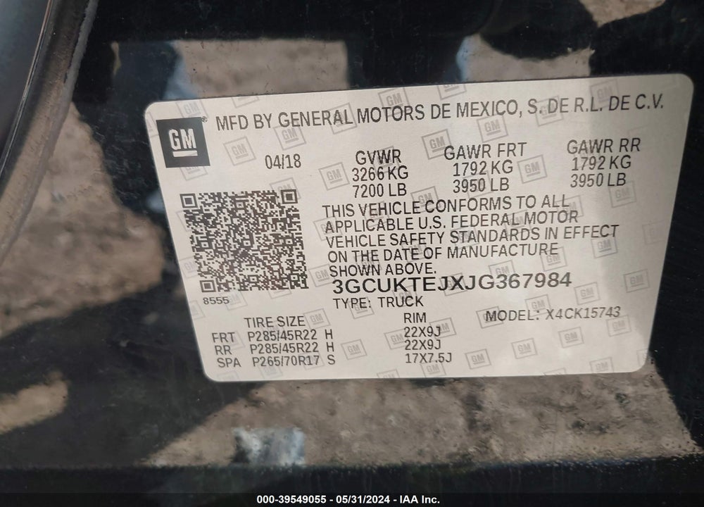 2018 CHEVROLET SILVERADO 1500 HIGH COUNTRY VIN: 3GCUKTEJXJG367984
