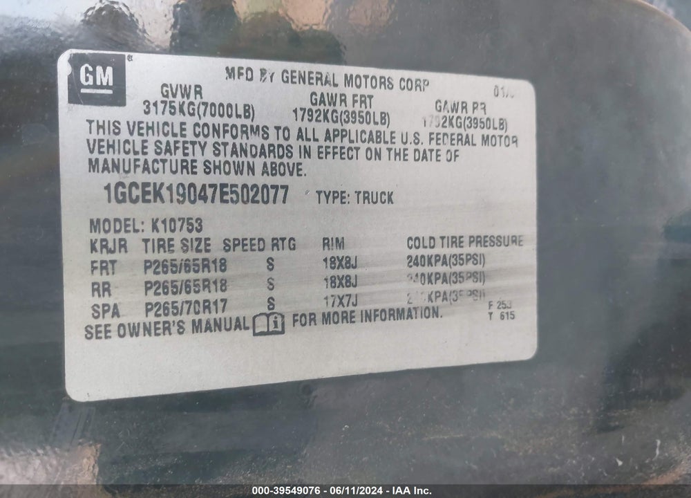 2007 CHEVROLET SILVERADO 1500 LT1 VIN: 1GCEK19047E502077