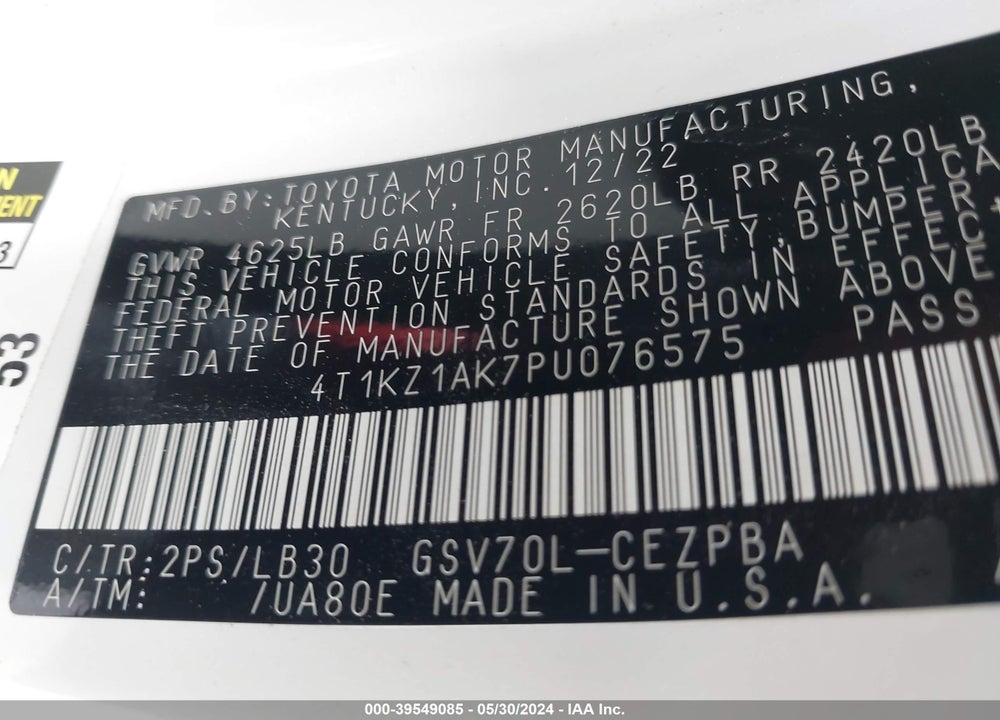 2023 TOYOTA CAMRY XSE V6 VIN: 4T1KZ1AK7PU076575